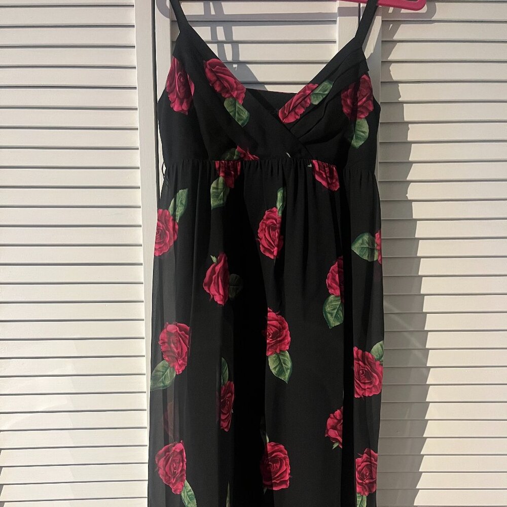 Betsey Johnson Black & Pink Floral Rose Silk Dress Lined Size 2